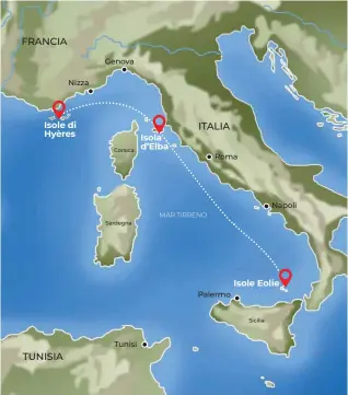  ??  ?? FRANCIA Isole di Hyères
TUNISIA Isola d’Elba
ITALIA Isole Eolie Nizza Genova Tunisi Roma Palermo Napoli Corsica MAR TIRRENO Sardegna Sicilia