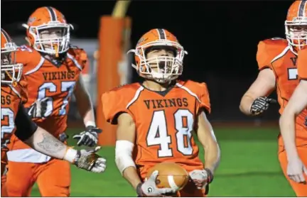  ?? SAM STEWART - DIGITAL FIRST MEDIA ?? Perkiomen Valley’s Kevin Lovett celebrates after catching a two-point conversion pass from Remy Sell in the fourth quarter.