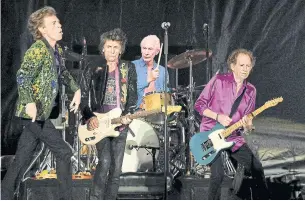  ?? KEVIN WINTER GETTY IMAGES ?? Mick Jagger, Ronnie Wood, Charlie Watts and Keith Richards of The Rolling Stones perform onstage at Rose Bowl in 2019 in Pasadena, Calif.