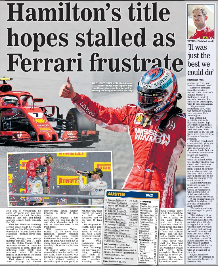  ?? Main picture: CLIVE MASON ?? DROUGHT BREAKER: Raikkonen leads home Verstappen and Hamilton, showing his delight at ending his long wait for a victory VETTEL: Finished fourth
