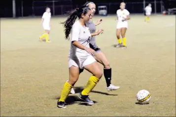  ?? YUMA SUN FILE PHOTO ?? ARIZONA WESTERN’S KARLA NAVARRO battles for possession during an Oct. 24, 2016, home game against Scottsdale. Navarro, the Matadors’ second-leading goal-scorer a year ago, is one of several key returners for this year’s team, which opens its season...