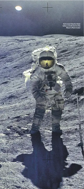  ??  ?? Astronaut Charles Duke takes a stroll next to the Moon’s Plum Crater