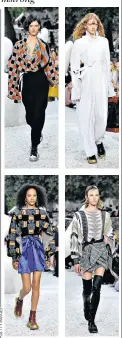  ??  ?? New looks: models took to the French Riveria catwalk wearing, clockwise from top left, silver-lined trainer boots and checked tops; flame tattoos; thigh-high boots; and metallic skirts paired with chunky boots
