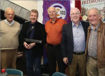  ??  ?? C103 presenter Jimmy Reidy (centre) pictured with Willie Williamson, Newtown; Stephen Travers, (Miami Showband); Eugene Reavey, Armagh and John Travers, Kilkenny at the recording of ‘Round the Fireside’ in the Heritage Centre, Freemount.