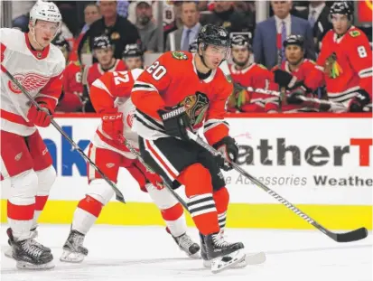  ?? | GETTY IMAGES ?? Brandon Saad scored three goals in a preseason game Thursday against the Red Wings at the United Center.