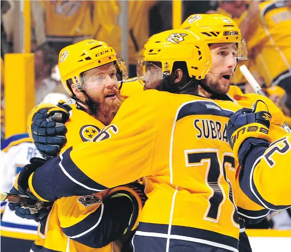  ?? — GETTY IMAGES FILES ?? Predators defenceman Ryan Ellis, left, has been a big reason for Nashville’s post-season success, recording four goals and six assists in 13 playoff games heading into Thursday’s Game 4 of the Western Conference final against the Anaheim Ducks.