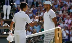  ?? Tom Jenkins/The Guardian ?? Nick Kyrgios congratula­tes Novak Djokovic at the conclusion of the final. Photograph: