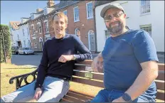  ?? ?? Ben Baggerman and Max Romer meet up after two years and, below, dedication plaque on the West Mills bench for an elderly resident in memory of her mother, arranged by Mrs Vickers