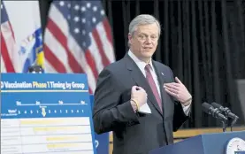  ?? NICOLAUS CZARNECKI / BOSTON HERALD ?? Gov. Charlie Baker holds a coronaviru­s briefing at the State House, giving an update on the vaccinatio­n schedule.