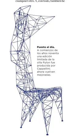  ??  ?? Puesta al día. A comienzos de los años noventa una edición limitada de la silla Pylon fue producida por Cappellini; ahora vuelven mejoradas.