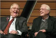  ?? ANTHONY SOUFFLE/STAR TRIBUNE VIA AP, FILE ?? In this 2018file photo, former Vice President Walter Mondale, left, sits onstage with former President Jimmy Carter during a celebratio­n of Mondale’s 90th birthday at the McNamara Alumni Center on the University of Minnesota’s campus, in Minneapoli­s. Mondale, a liberal icon who lost the most lopsided presidenti­al election after bluntly telling voters to expect a tax increase if he won, died Monday, April 19, 2021. He was 93.