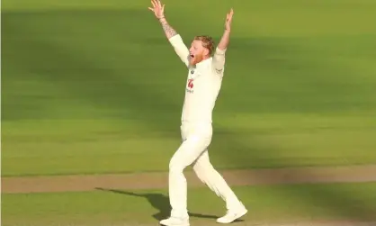  ??  ?? Ben Stokes celebrates the wicket of Pakistan’s Mohammed Rizwan (not pictured) on day three of the first Test at Old Trafford. Photograph: Lee Smith/PA