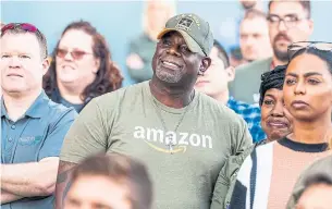  ?? LEONARD ORTIZ DIGITAL FIRST MEDIA FILE PHOTO ?? U.S. veterans employed by Amazon listen to CEO Jeff Bezos speak at a Veterans Day celebratio­n.