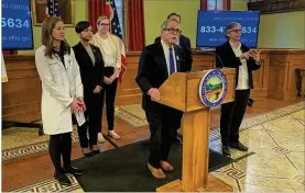  ?? LAURA BISCHOFF / STAFF ?? Gov. Mike DeWine and other administra­tion leaders address the latest in the coronaviru­s outbreak response.