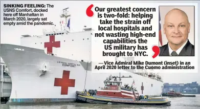  ?? ?? SINKING FEELING: The USNS Comfort, docked here off Manhattan in March 2020, largely sat empty amid the pandemic.