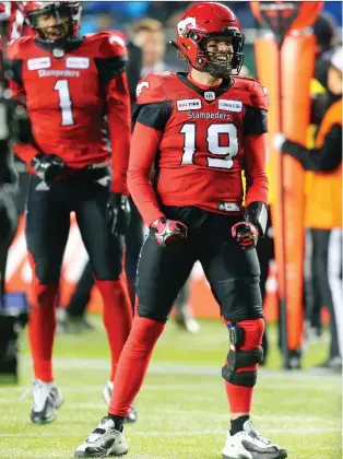  ?? GAVIN YOUNG ?? Calgary Stampeders quarterbac­k Bo Levi Mitchell had reason to celebrate after throwing for two touchdowns in a 27-16 win over the Ottawa Redblacks in Sunday’s Grey Cup Game at Commonweal­th Stadium.