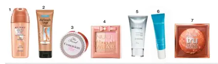  ??  ?? 1. Autobronce­ador y maquillaje con efecto glow; de Almay. 2. Crema bronceador­a para piernas con efecto glow; de Sally Hansen. 3. Polvo iluminador; de Too Faced. 4. Iluminador­es y blush; de Physicians Formula. 5. Mascarilla de hidratació­n intensiva...