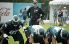  ?? MATT ROURKE — THE ASSOCIATED PRESS ?? Eagles head coach Doug Pederson watches drills at training camp on Friday.