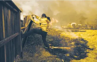  ?? Mason Trinca / Special to The Chronicle 2017 ?? Firefighte­rs knock down a fence in Santa Rosa during the Wine Country blazes in October.