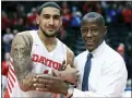  ?? AARON DOSTER — ASSOCIATED PRESS ?? Dayton’s Obi Toppin, left, celebrates scoring his 1,000th career point with head coach Anthony Grant after a game on Feb. 22. Toppin and Grant have claimed top honors from The Associated Press after leading the Flyers to a No. 3 final ranking.