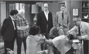  ?? DAVID F. SMITH — THE ASSOCIATED PRESS FILE ?? FILE- In this file photo, standing from left, Morey Amsterdam, Rose Marie, and Richard Deacon, and Dick Van Dyke, right, gather around Carl Reiner, in barber chair during a rehearsal of an episode for the “The Dick Van Dyke Show.” Family spokesman...