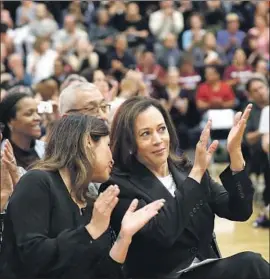  ?? Mel Melcon Los Angeles Times ?? SEN. KAMALA Harris, right, at a town hall in Panorama City. Like other female candidates, Harris will be judged on her record — and her “likability.”