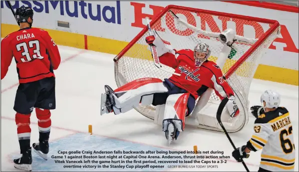  ?? GEOFF BURKE/USA TODAY SPORTS ?? Caps goalie Craig Anderson falls backwards after being bumped into his net during Game 1 against Boston last night at Capital One Arena. Anderson, thrust into action when Vitek Vanecek left the game hurt in the first period, recovered to lead the Caps to a 3-2 overtime victory in the Stanley Cup playoff opener