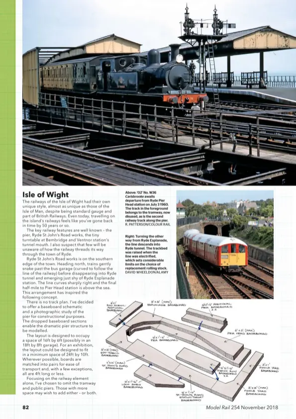  ?? R. PATTERSON/COLOUR RAIL DAVID WHEELDON/ALAMY ?? Right: Turning the other way from Ryde Esplanade, the line descends into Ryde tunnel. The trackbed was raised when the line was electrifie­d, which sets considerab­le limits on the choice of replacemen­t rolling stock. Above: ‘O2’ No. W36 Carisbrook­e awaits departure from Ryde Pier Head station on July 3 1960. The track in the foreground belongs to the tramway, now disused, as is the second railway track along the pier.