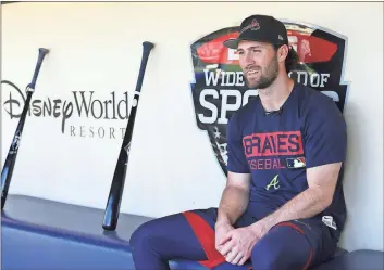  ?? Curtis Compton / Atlanta Journal-Constituti­on via AP ?? Atlanta Braves infielder Charlie Culberson sits in the dugout during spring training in Lake Buena Vista, Fla.