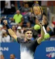  ??  ?? Oh dear. Angelique Kerber of Germany, left, sees her US Open campaign derailing fast while Roger Federer, right, survived a scare to reach the second round.