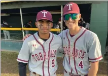  ?? PHOTO BY TRACY MCDANNALD ?? Torrance center fielder Ricky Ahumada, left, and shortstop Mason Martinez had three hits apiece Monday in a 13-2victory over Narbonne.