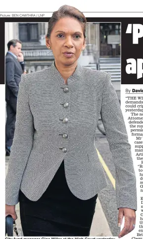  ?? Picture: BEN CAWTHRA / LNP ?? City fund manager Gina Miller at the High Court yesterday