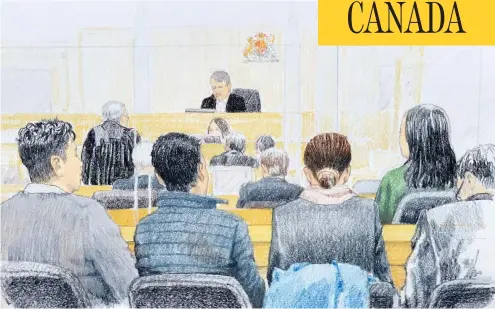  ?? JANE WOLSAK / AFP / GETTY IMAGES ?? This courtroom sketch shows Meng Wanzhou, right, Huawei’s chief financial officer, listening in a Vancouver courtroom on Tuesday. A B.C. Supreme Court judge granted Meng bail after she was arrested on a U.S. warrant over the alleged violation of economic sanctions with Iran.