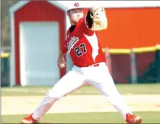  ?? MIKE CAPSHAW ENTERPRISE-LEADER ?? Farmington junior Tyler Gregg eyes the plate while delivering a pitch during the Cardinals’ Game 1 win against Morrilton on April 12. Gregg struck out nine while tossing a one-hit shutout.