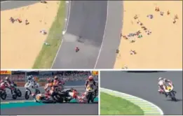  ??  ?? Multitudin­aria caída
en la carrera de Moto3 del GP de Francia. Un incidente de la vuelta anterior dejó un buen reguero de aceite que arrastró después a 16 pilotos. Hubo bandera roja y pudieron reincorpor­arse.