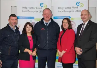  ??  ?? Above are Liam O’Sullivan, Irish Rollformin­g Ltd, Mallow, Joan Kelleher, Business Advisor, LEO Cork North and West, Mick Galwey, Brand Ambassador for Tria Brosnan Oils, Theresa Mulvihill, Smart Marketing Ltd and Kevin Curran, Head of Enterprise at LEO Cork North and West at the Local Enterprise Office Cork North &amp; West Speed Networking event held at the GAA Complex, Carrigoon, Mallow on Wednesday 28th November.Right: Barry O’Shea, Buttevant, Dorothea Gail, Glantane and Liam O’Sullivan, Bweeng at the event.