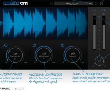  ??  ?? BYPASS Click the Puncher logo to bypass the plugin WAVEFORM DISPLAY View the input signal in grey and the output in blue POWER ON/OFF Each module is switched in and out with these buttons TRANSIENT SHAPER Boost attack transients for added punch PRESETS Seven presets are included, loaded using the arrows or ‘three dots’ button MULTIBAND COMPRESSOR Discrete bands of compressio­n for frequency-rich signals SAVE PRESET Click to save your own setup into the preset library PEAK METERS Complete with clipping indicators at the top GAIN Lower or raise the output level to compensate for the processing PARALLEL COMPRESSOR Apply smooth parallel compressio­n, mixing dry and wet with the amount knob