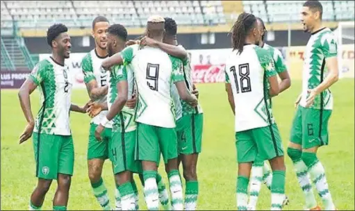  ??  ?? With the exception of Victor Osimhen (Number 9) based in Italy, all Nigeria’s UK-based Super Eagles’ players have all returned to their clubs. L-R: Ola Aina, William Troost-Ekong, Kelechi Iheanacho, Alex Iwobi and Leon Balogun