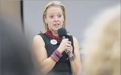  ?? Lori Van Buren / times union ?? Julian Killian, who is running against Kathy Hochul for lieutenant governor, speaks to the upstate Conservati­ve Coalition at the milton Community Center on tuesday in Ballston Spa.