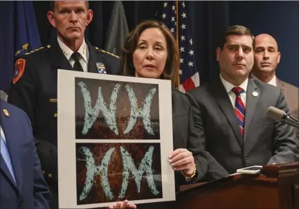  ?? JAMES CARBONE — THE ASSOCIATED PRESS ?? Suffolk County Police Commission­er Geraldine Hart shows a photograph of initials on a belt — either HM or WH, depending on the angle — during a press conference Thursday in Yaphank, N.Y.