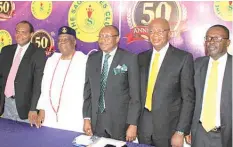  ?? ?? Vice President, the Sagamites Club, Alhaji Funbi Dawodu ( left); Former President, Sagamites Club, Asiwaju Samuel Onafowokan; President, Sagamites Club, Otunba Seni Adetu; Chairman, Planning Committee, Mr. Oladimeji Oresanya and Secretary, Planning Committee, Otunba Opeyemi Agbaje, during the 50th anniversar­y celebratio­n media briefing and commission­ing of the new ultra- modern hall at Sagamu, Ogun State… on Wednesday