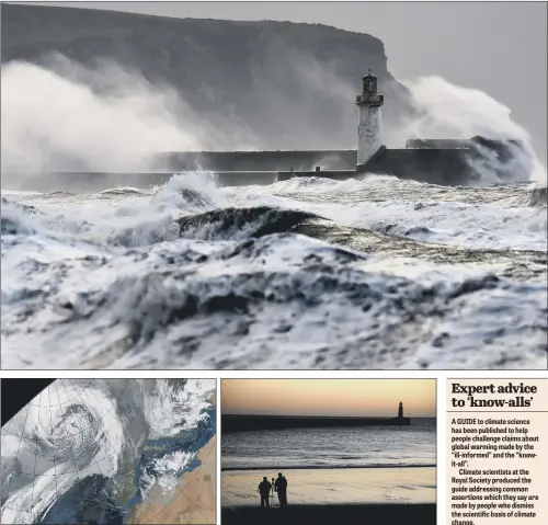  ?? PICTURES: PA ?? RAGING SEAS: Top, giant waves crash over Whitehaven lighthouse, as the stormy weather causes disruption across parts of the UK; above, the satellite picture of Europe; calm seas at Seaham Marina on the North East coast