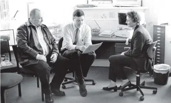  ?? 01_B46twenty0­4 ?? Arran’s social workers workers have now moved from Arranton into the refurbishe­d council offices. Enjoying their new premises are social worker Colin Turbett with two mainland colleagues, Doreen Prince and Russell Collins.