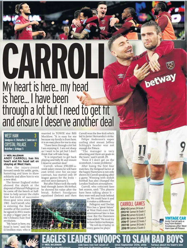  ??  ?? VINTAGE CAR Andy Carroll gets a hug from Robert Snodgrass after West Ham saw off Palace