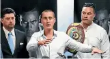  ??  ?? David Higgins, centre, wants Joseph Parker, right, to fight Anthony Joshua - but not for peanuts.