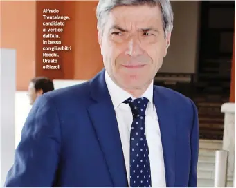  ??  ?? Alfredo Trentalang­e, candidato al vertice dell’Aia. In basso con gli arbitri Rocchi, Orsato e Rizzoli «Riportiamo i nostri fischietti in cima al mondo Con i presidenti di Sezione per un’Associazio­ne finalmente libera di esprimere opinioni diverse»