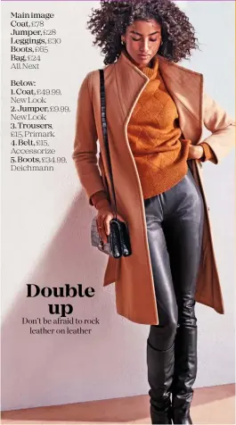  ??  ?? Main image Coat, £78
Jumper, £28
Leggings, £30
Boots, £65
Bag, £24 All Next
Below:
1. Coat, £49.99, New Look
2. Jumper, £9.99, New Look
3. Trousers,
£15, Primark
4. Belt, £15, Accessoriz­e
5. Boots, £34.99, Deichmann