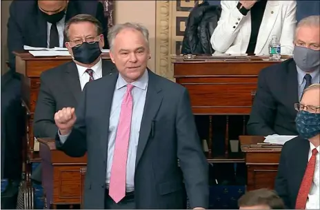  ?? Senate Television via AP ?? In this image from video, Sen. Tim Kaine, D-Va., speaks as the Senate reconvenes after protesters stormed into the U.S. Capitol on Jan. 6.