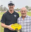  ??  ?? Sharks coach Ryan Davis with sponsor Bruce Coulson from Kool Kids Training College.