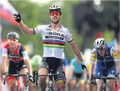  ?? Picture: Getty Images. ?? Peter Sagan celebrates after his sprint victory in Longwy.